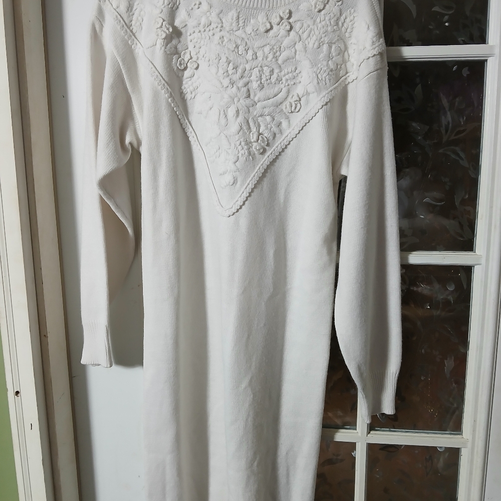 GOLD RUSH VINTAGE IVORY SWEATER DRESS Medium Cottagecore Bohemian Embroidered